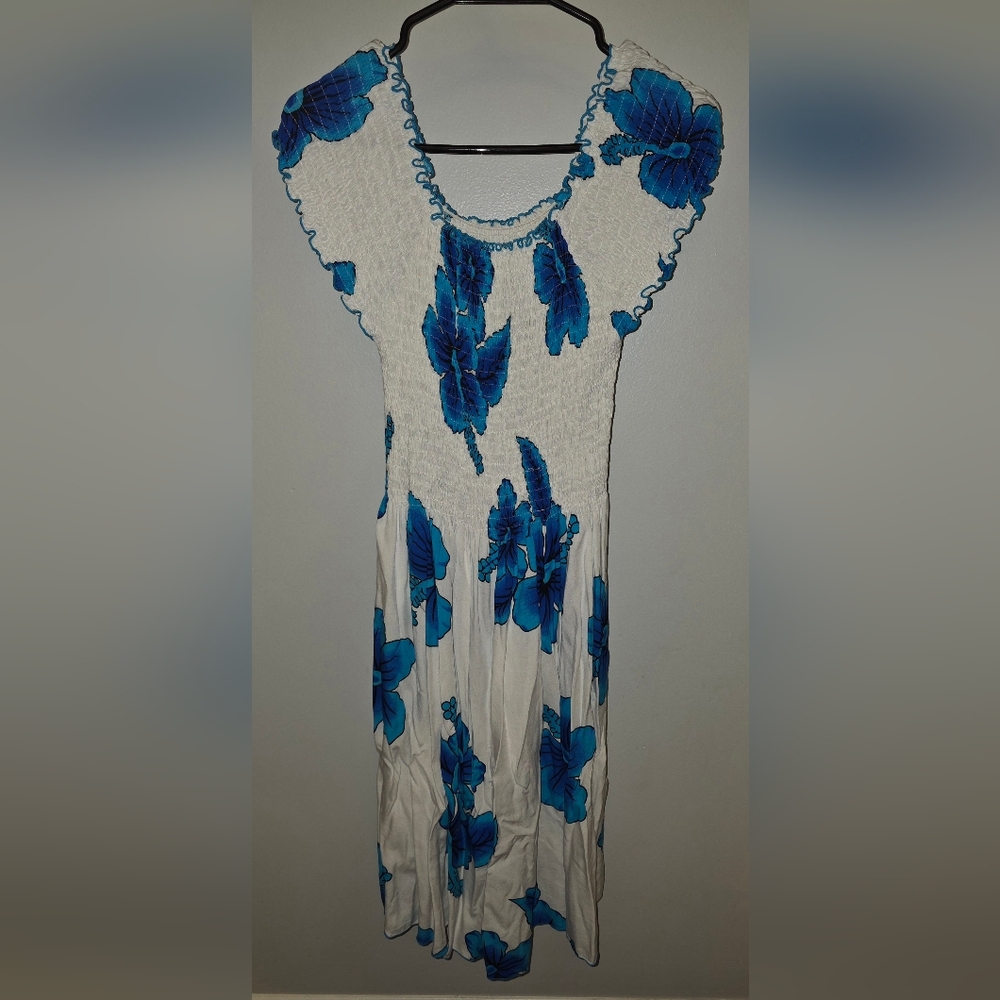 Favant Vintage Y2K White & Blue Hibiscus Floral Dress (One Size - M/L) - Picture 5 of 7